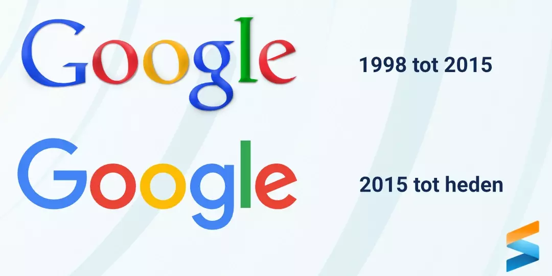 Vergelijking van het Google-logo uit 1998–2015 met schreeflettertype en het huidige sans-serif logo vanaf 2015, om de overgang naar een modernere uitstraling te tonen.